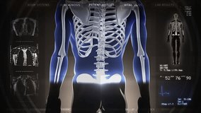 Futuristic Technological Interface Analyzing Human Anatomy. Medical Profile of Patient Showing Full Body Scan. Vital Signs, Bones, MRI and Several Healthcare Information. - Powered by Shutterstock - Get 15% off with code: PIKWIZARD15