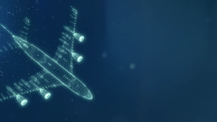 On a dark blue background, a blue 3D airplane made up of lines and dots is displayed - Powered by Shutterstock - Get 15% off with code: PIKWIZARD15