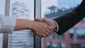 Business partners man and woman seal deal with handshake in contemporary office closeup. Colleagues greeting gesture against expansive windows and stunning city skyline - Powered by Shutterstock - Get 15% off with code: PIKWIZARD15