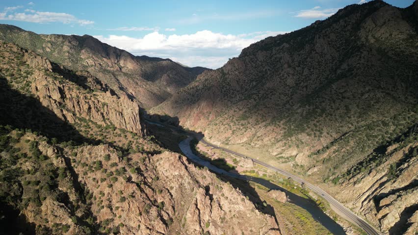 Aerial of Arkansas River through rocky canyon near Cañon City Colorado in summer