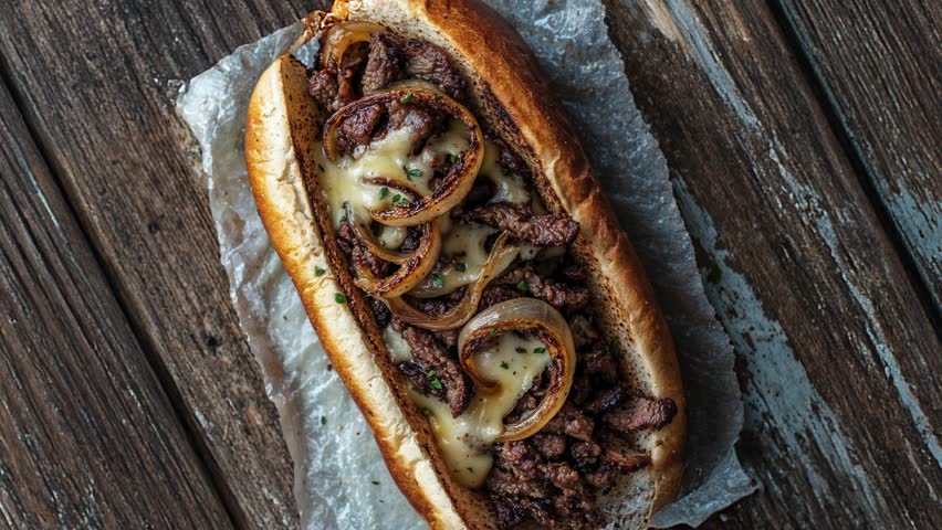 Delicious Grilled Steak Sandwich with Melted Cheese and Onions