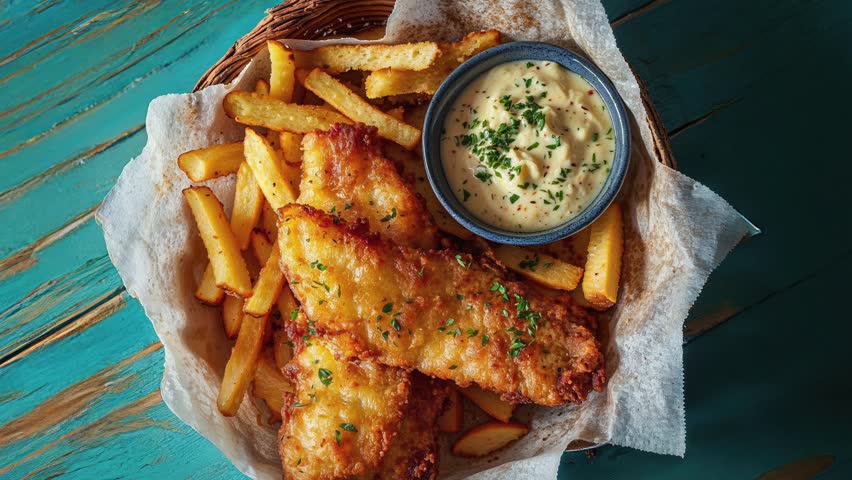 Delicious Fish and Chips with Tartar Sauce on Rustic Table