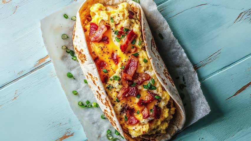 Delicious Breakfast Burrito with Eggs and Crispy Bacon