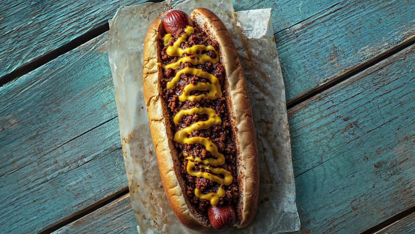 Delicious Chili Cheese Hot Dog on Rustic Wooden Table