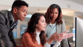 Teamwork, group and ideas in office, computer and advice to colleague, project and graphic designer. Explaining, pointing and assignment for people, digital and collaboration in agency and planning - Powered by Shutterstock - Get 15% off with code: PIKWIZARD15