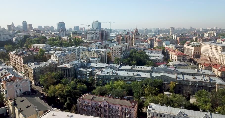 Independence Square. Ukraine. Kyiv. July 30, 2019. Aerial view Maidan Nezalezhnosti. Drone shot. Historical buildings, sunrise or sunset in center of Kyiv.