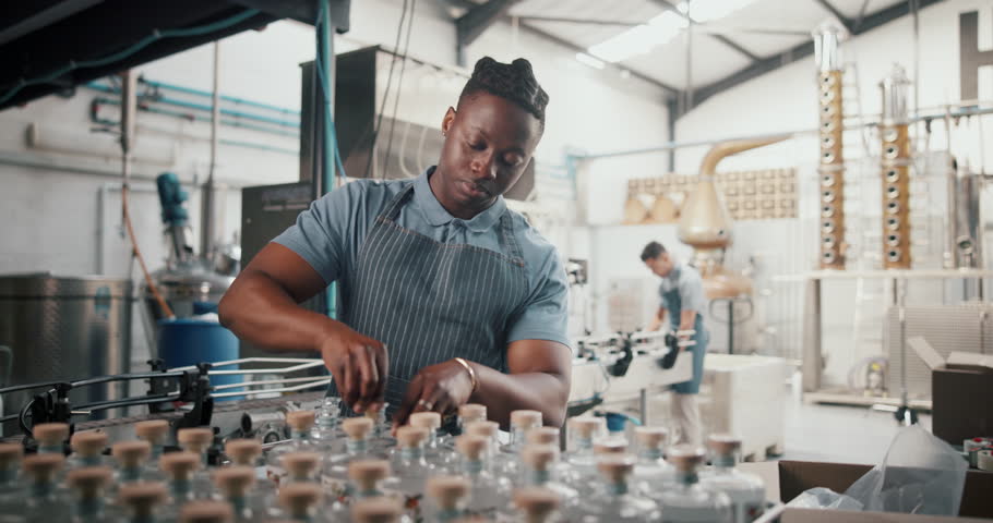 Employee, black man and packaging alcohol at distillery with gin bottles for manufacturing and production at warehouse. Male person, business and stocktaking at factory for delivery and supply chain