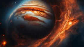 Highly detailed planet Jupiter, featuring deep blues, grays and bright oranges in swirling storm clouds. the cosmic beauty of the solar system in a high contrast cinematic style.4K - Powered by Shutterstock - Get 15% off with code: PIKWIZARD15