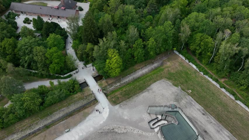 Drone view Dachau. Concentration camp memorial site. Dachau Nazi concentration camp. World war two. Death concentration center camp. Historical site and museum. Munich, Bavaria. Germany.