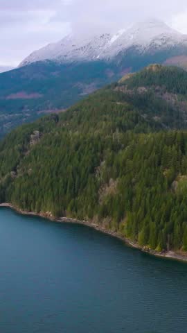 Aerial view of Harrison Lake and forest with mountain landscape on background