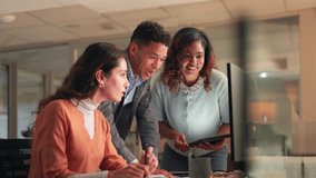 Man, women and high five by computer at night in office for celebration, goal or tablet with diversity. Business people, team and applause at startup, cheers or success for project at creative agency - Powered by Shutterstock - Get 15% off with code: PIKWIZARD15