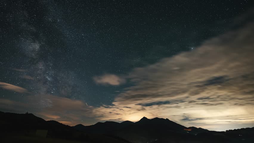 Milky way galaxy stars moving over alps mountains in summer starry night sky Time lapse