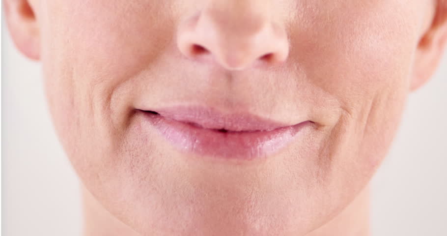 Woman, lips and skincare in studio for comparison, transformation and anti aging treatment. Mature person, change and before and after on white background with results, collagen and retinol benefits