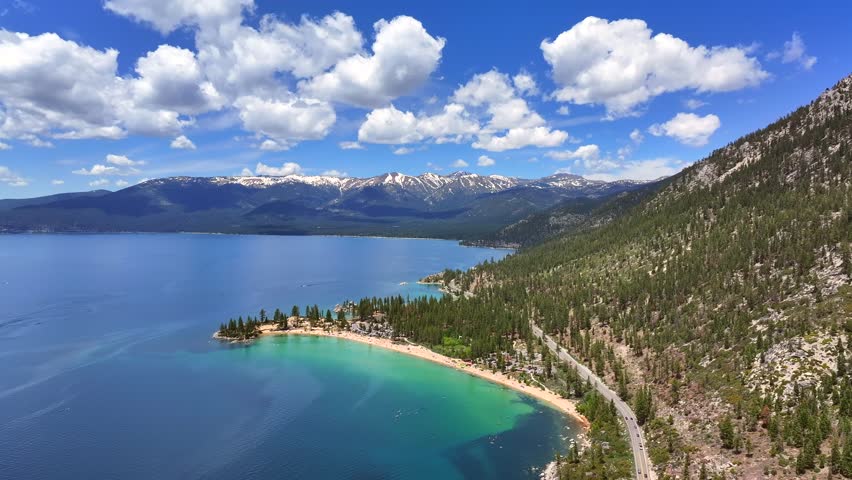 Lake Tahoe - Sand Harbor Beach - Aerial View on Beautiful Summer Day