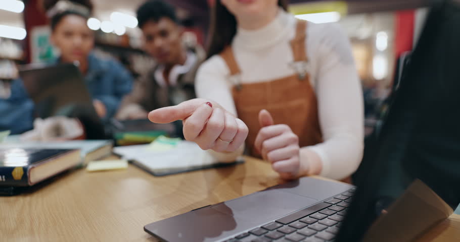 Woman, university and counting at laptop with students, team project and planning with research. Study group, people or tech in library for collaboration, education or maths workshop for productivity