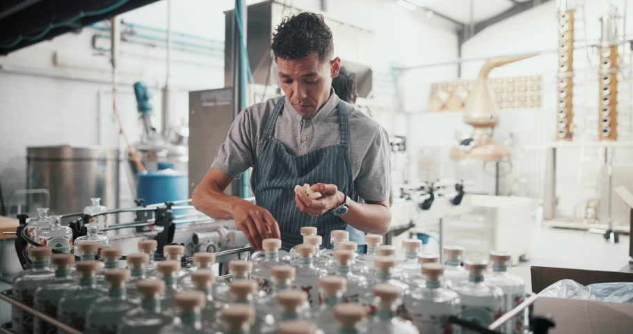 Employee, man and packaging gin at distillery with alcohol bottles for manufacturing and production at warehouse. Male person, business and serious with stocktaking at factory for delivery and supply