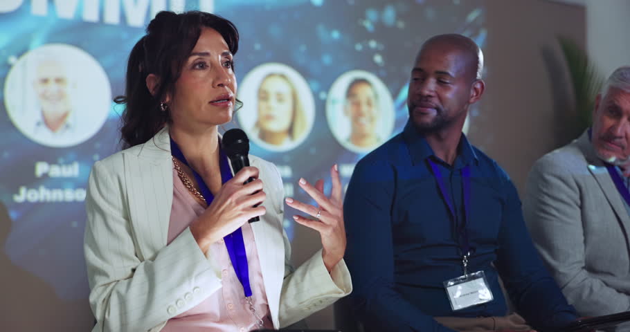 Woman, mic and speech for conference event of discussion, coaching audience and public speaking. Presenter, staff or tablet for pitch on stage, global learning and convention lecture of planet advice