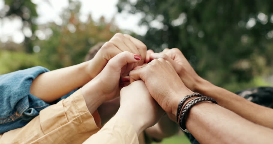 Support, holding hands and teamwork in synergy or huddle for university education or study. Group of people, connection and collaboration with students for community, motivation and project in Canada