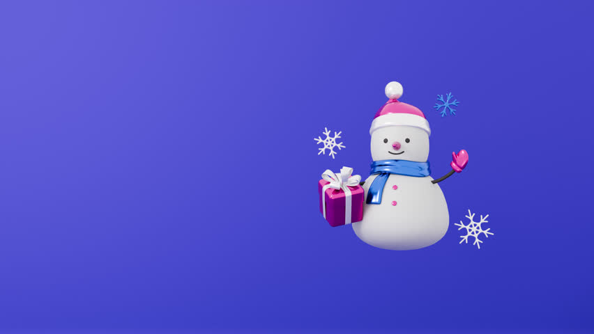 Christmas loop animation. 3d render cartoon style. Xmas Eve and New Year celebration, holidays, winter, shiny festive decorations. Snowman with present box, gift, snowflakes. Background, copy space