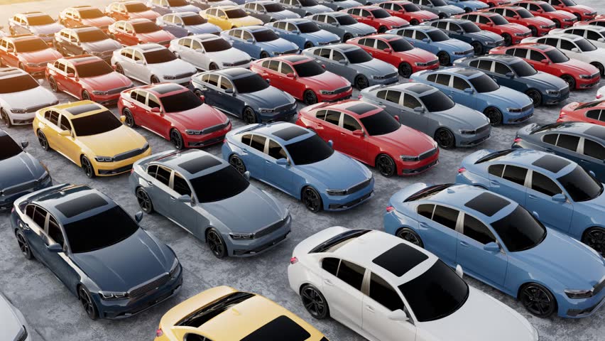 A large car parking lot filled with numerous colorful sedan vehicles, reflecting the current global used car surplus.3d, rendering, illustration,