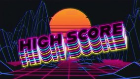 Animation of high score text over neon pattern background. Global video game, digital interface, communication, computing and data processing concept digitally generated video. - Powered by Shutterstock - Get 15% off with code: PIKWIZARD15