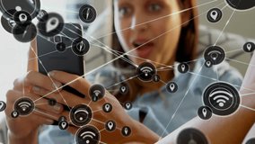 Animation of network of connections with wifi icons over caucasian woman using smartphone. Global connections, computing and data processing concept digitally generated video. - Powered by Shutterstock - Get 15% off with code: PIKWIZARD15