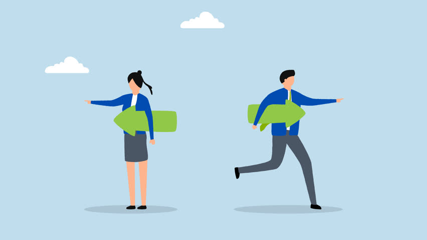 Different individual way, 4k animation of Man and woman in business attire holding arrow and moving in opposite directions.