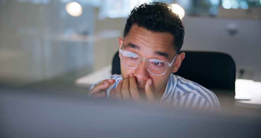 Stress, eye strain and businessman in office at night with budget report deadline for global client. Burnout, vision and financial advisor with fatigue for overtime on investment planning for profit.