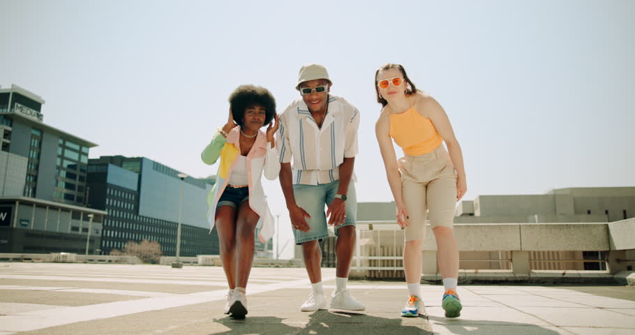 Cool, trendy and fashion of friends, outdoor and bonding of Gen z, diversity and man with sunglasses. Happy, shades and women with guy, clothes and streetwear for summer, rooftop and chilling