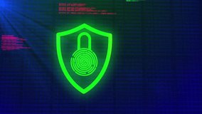 Animation of biometric fingerprint and shield with digital data processing over computer servers. Global cyber security, connections, computing and data processing concept digitally generated video. - Powered by Shutterstock - Get 15% off with code: PIKWIZARD15