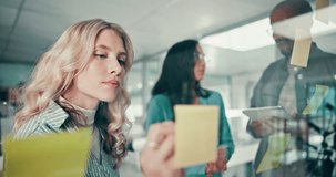 Business, tablet and people with sticky note in discussion for problem solving, brainstorming and research. Company, team and meeting with tech by paper for kpi review, collaboration and project plan - Powered by Shutterstock - Get 15% off with code: PIKWIZARD15