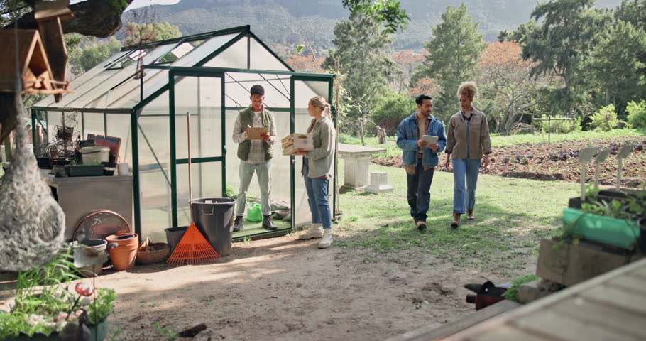 Greenhouse, tablet and people with vegetables, harvest or fresh produce for stock take. Sustainability, agriculture and farmers for quality control, collaboration and organic, natural or healthy food