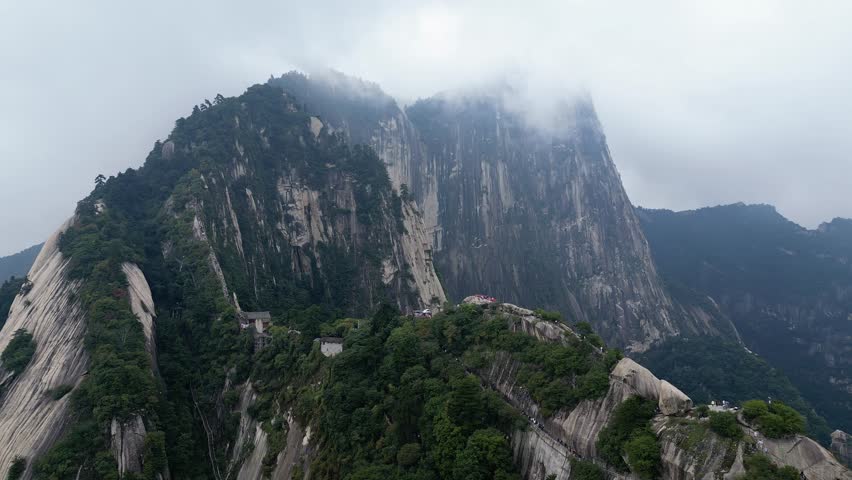 Huashan, China: Aerial drone footage of the ridge of the dramatic Mt Huashan near Xi