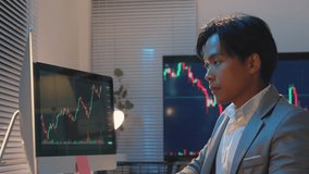 Businessman is watching stock market charts on his computer screen in his office at night. He is feeling stressed and worried as the market crashes - Powered by Shutterstock - Get 15% off with code: PIKWIZARD15
