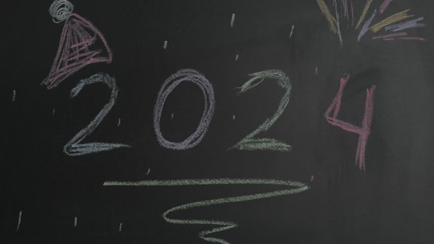 Wipe off 2024 and writing number 2025 on a blackboard using chalk in a classroom setting