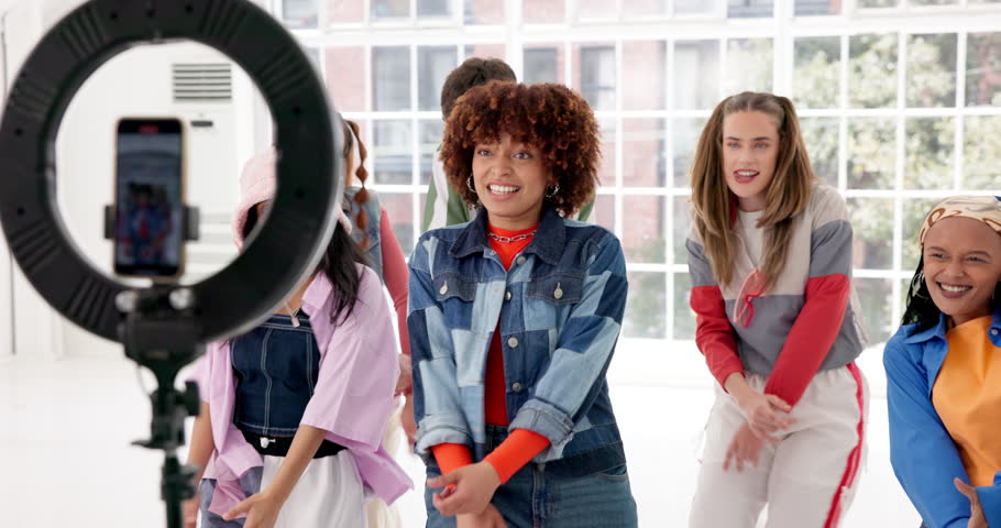 Live stream, people and friends dance for hip hop performance, fashion or content creation. Happy, dancer or record video on social media with phone, energy or influencer group with studio ring light