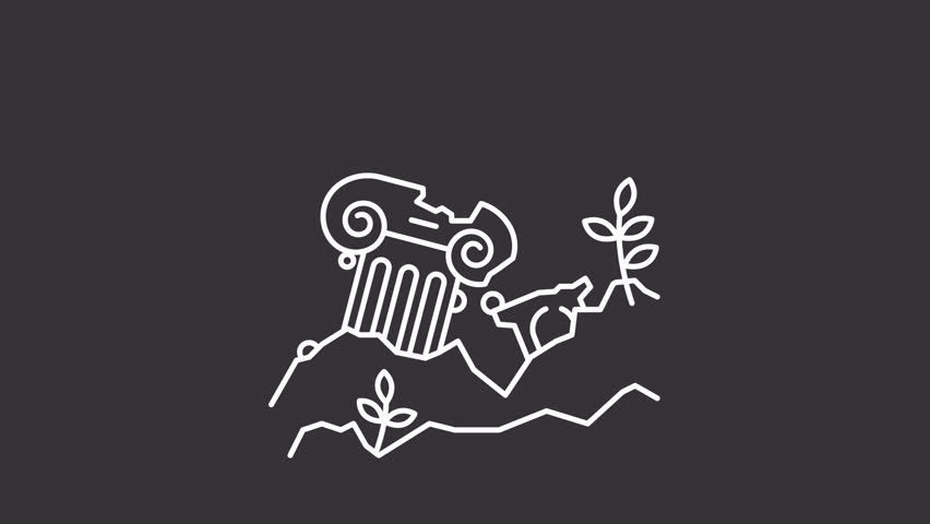 Animated underwater ruins white icon. Sunken city line animation. Lost city of Atlantis. Ancient architecture. Isolated illustration on dark background. Transition alpha video. Motion graphic