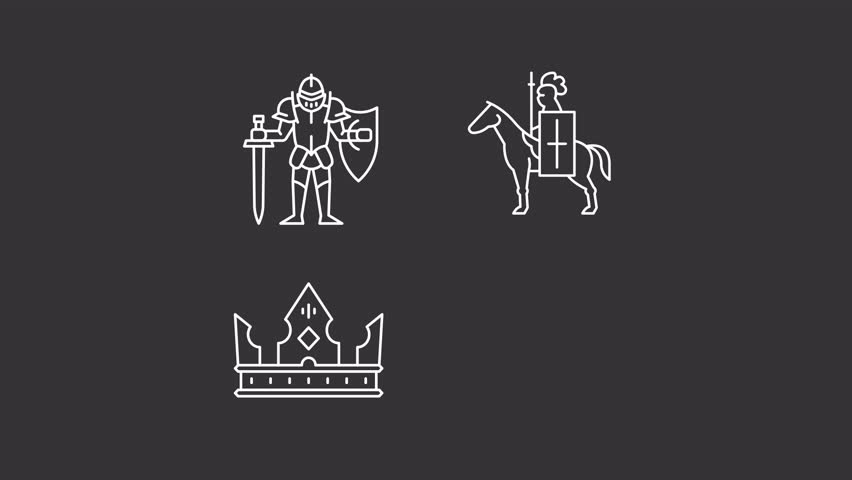 Animated medieval time white icons. Chivalry line animation library. Middle ages. Kingdom fortress and warriors. Isolated illustrations on dark background. Transition alpha. HD video. Icon pack
