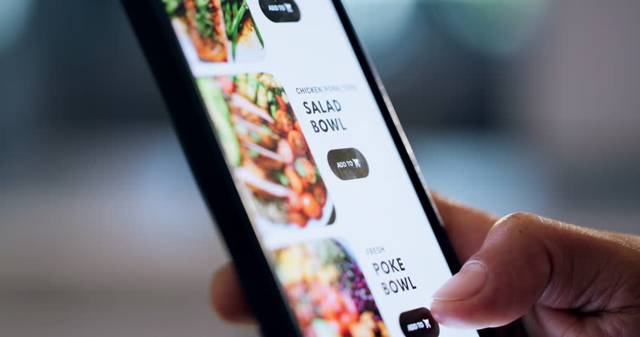 Phone screen, hand and person with food menu for online dinner order with health, wellness or diet. Technology, closeup and cellphone for salad delivery on mobile app browsing in home for choice