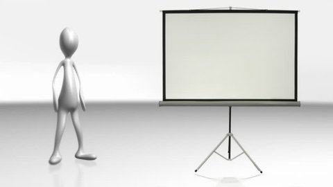 (1083) Cute CG alien animated gesturing business character demonstrating information concepts on a blank projection screen for audience (composite your own messages, slideshows, images and videos).