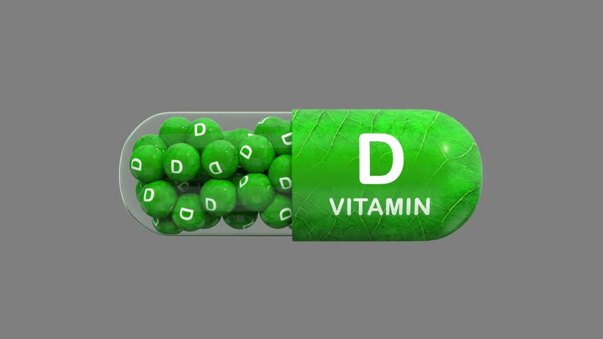 capsule filled with vitamin D. Vitamin D is essential for strong bones, teeth, and immune function. Seamless loop. 3D render. Isolated on a gray background