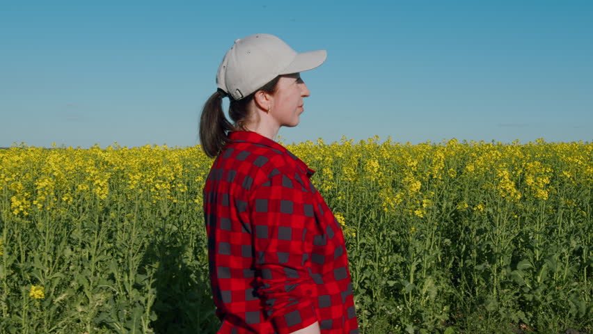 Woman Farmer In Cap Walks In Field. Agriculture. Young Green Rapeseed Harvest. Agronomist Control And Manages Farming. Business Woman Working On Farm.