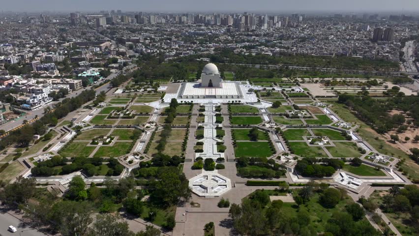 Aerial drone footage of Mazar-e-Quaid also known as tomb of Quaid-e-Azam, landmarks of Karachi Pakistan, sightseeing