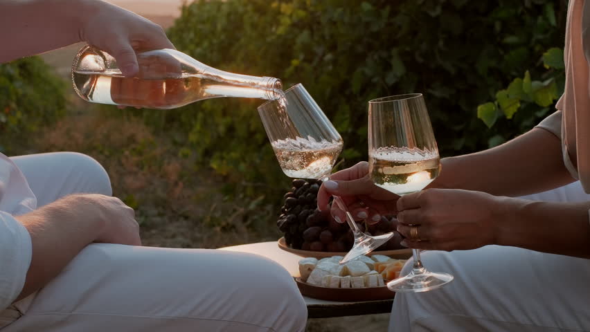 Couple in love drinking wine in vineyards during grapes harvest season. Male hand pouring white wine into glass at sunset. Travel, romantic date outdoors in nature, anniversary celebration