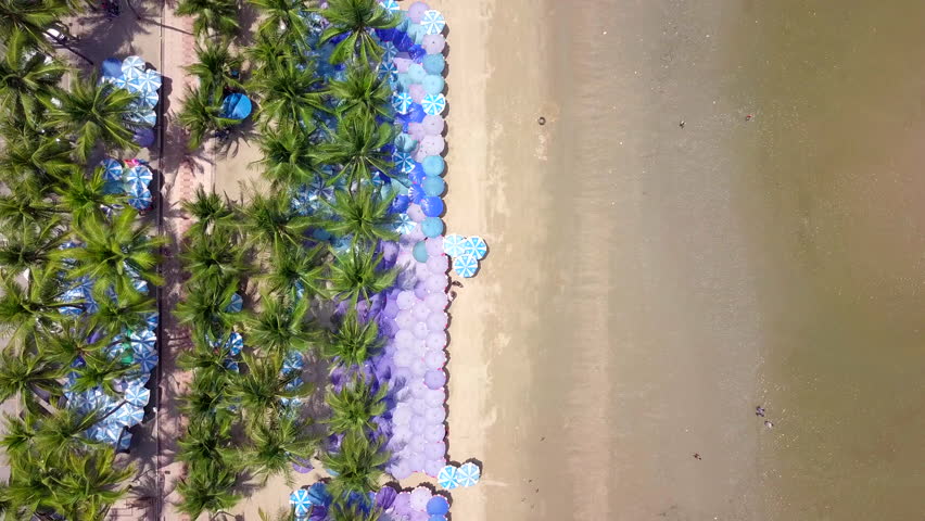 Beautiful Bangsaen Beach, the sea near the capital, has umbrellas and beach beds for tourists to relax, Chonburi, Thailand, Asia