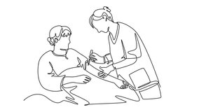 Self drawing animation single line draw helpful female doctor or nurse giving antibiotic injection to sick patient while lying in bed. Medical health care. Continuous line draw. Full length animated - Powered by Shutterstock - Get 15% off with code: PIKWIZARD15