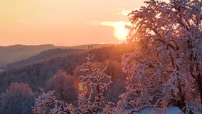 AERIAL, LENS FLARE: Golden setting sun stretches its last rays across the snowy hilly landscape. Beautiful winter day ending with stunning sunset over hills and lush forest, freshly covered with snow. - Powered by Shutterstock - Get 15% off with code: PIKWIZARD15