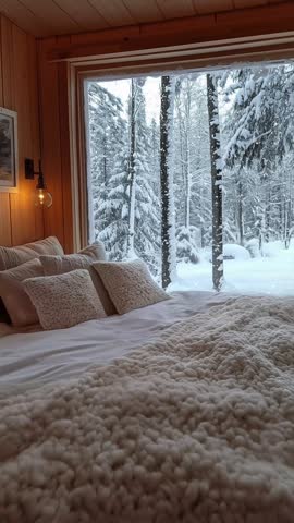 cozy bedroom with beautiful snowy forest view, 4K UHD vertical wallpaper animation for social media, endless looped animation