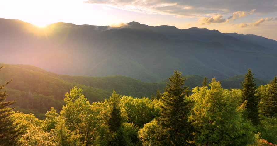 Bright sunset in Smokey Mountains near Mount Mitchell. Appalachian mountains in North Carolina with fresh green forest trees in summertime season. Beauty of USA nature