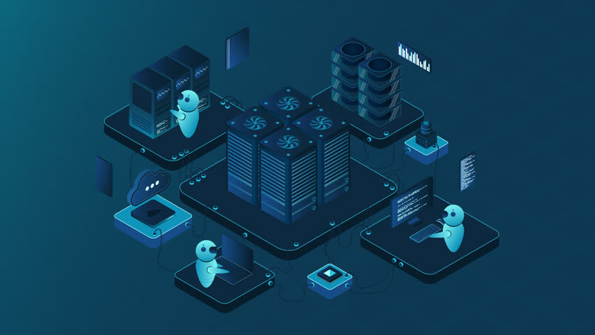 Isometric data center or server room animation. Data center connection network. Cloud storage. Isometric high technology concept. 4K video animated in isometric style